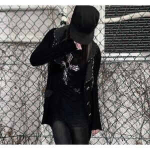 Womens embellished crystal black cross rosary burnout long sleeve shirt emo y2k